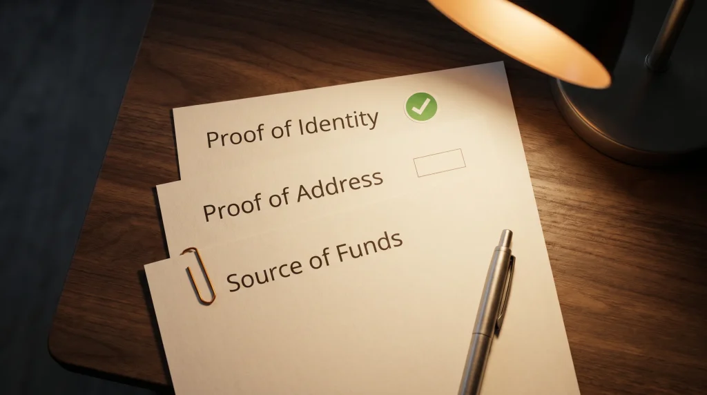 Compliance officer reviewing source-of-funds documentation including proof of identity and address paperwork