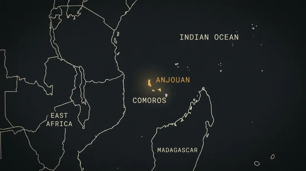 Editorial style map showing the location of Anjouan in the Comoros archipelago in the Indian Ocean