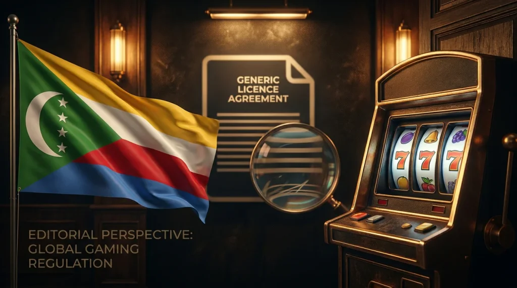 Anjouan flag with gambling licence document and slot reels with magnifying glass