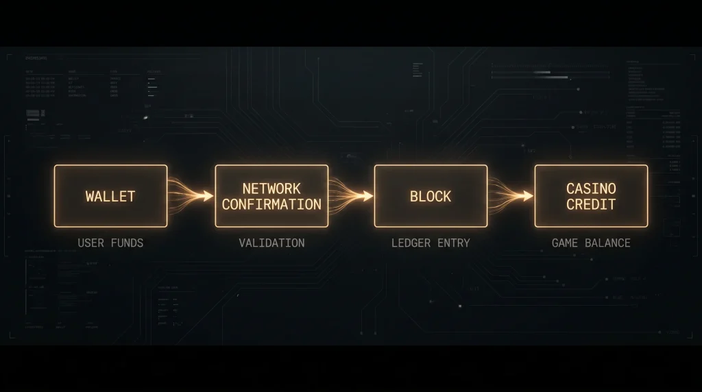 Editorial flow diagram showing the sequence of a Bitcoin deposit from wallet to casino account