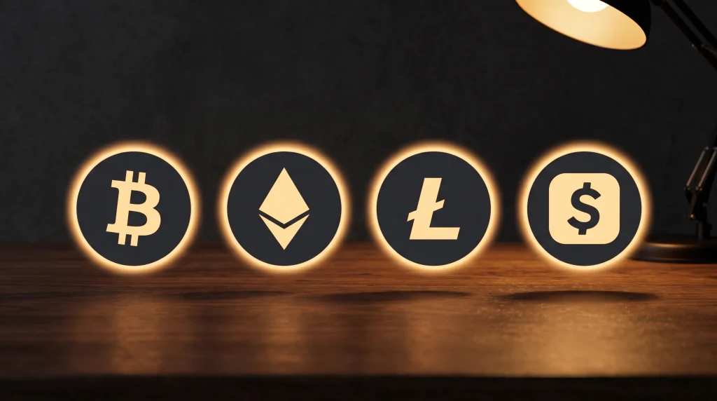 Four cryptocurrency network icons in muted gold tones representing Bitcoin, Ethereum, Litecoin and stablecoin rails