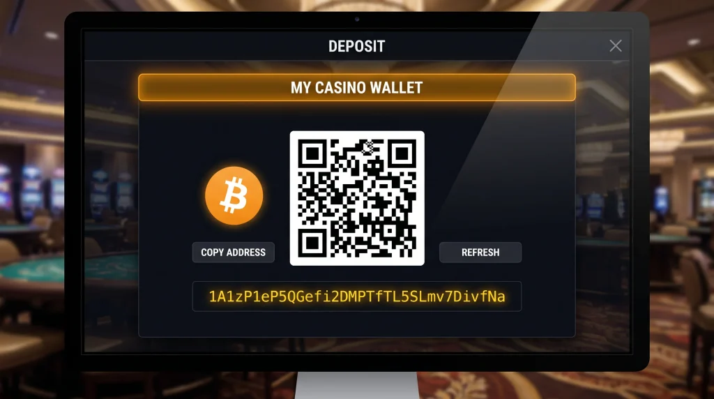 Casino cashier deposit page displaying a Bitcoin wallet address QR code for incoming payment