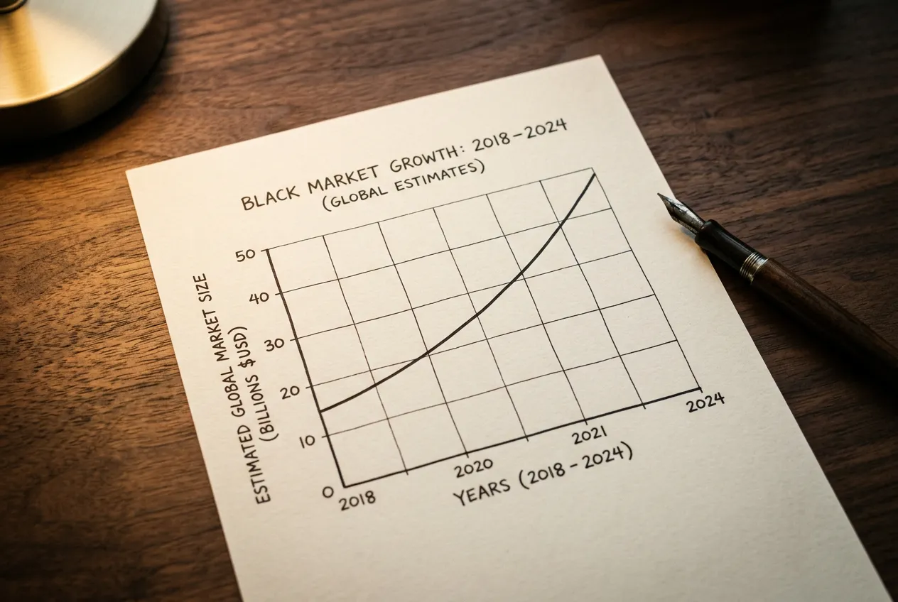 Clean line chart showing UK unlicensed gambling market share rising from under one per cent to nine per cent