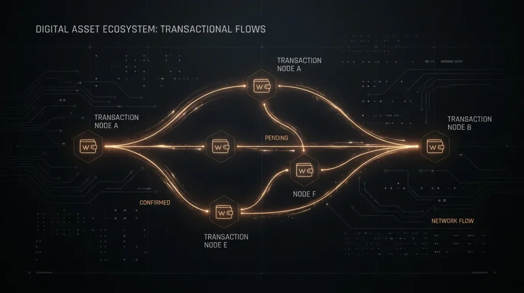 Editorial illustration of blockchain transaction traceability shown as connected dots between wallet addresses