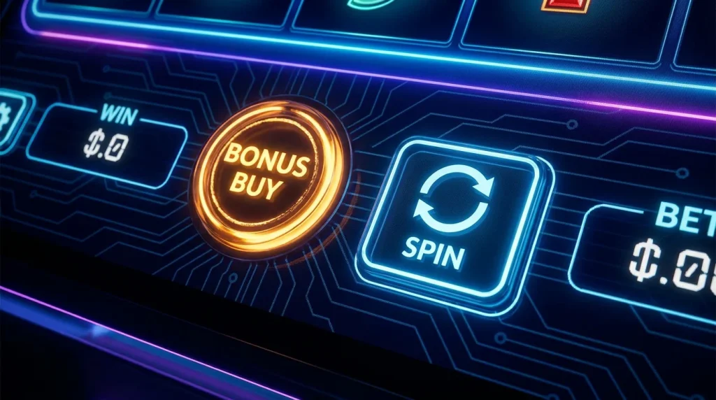 Slot game cashier interface highlighting a bonus buy button positioned next to the spin control
