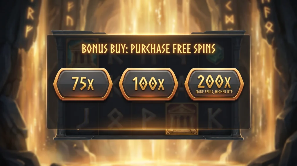 Slot game in-feature menu showing bonus buy pricing as a multiplier of the base stake