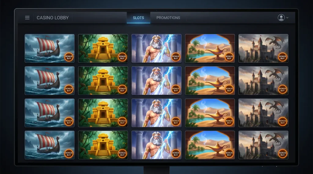 Game lobby grid showcasing several offshore slot titles that allow direct bonus buy purchase