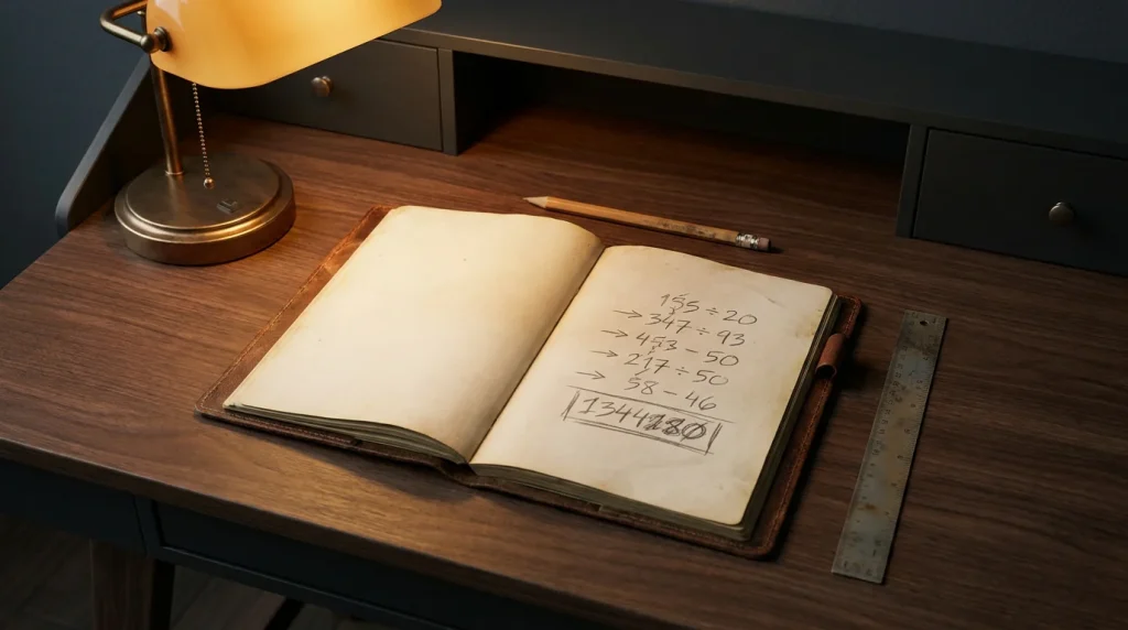 Analyst working through a bonus effective-value calculation on paper with turnover, RTP and expected loss noted