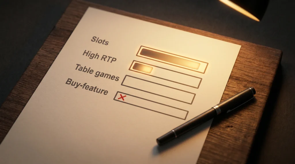 Game-weighting restriction table printout showing slot contribution percentages alongside max-bet and buy-feature clauses