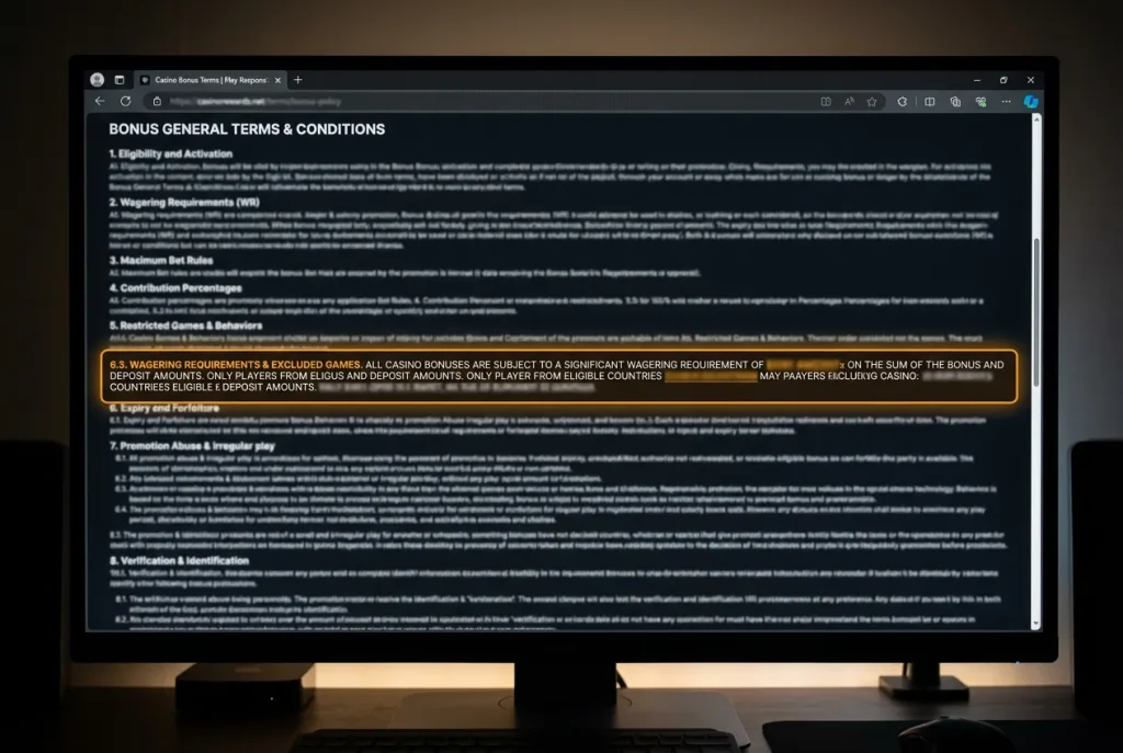 Casino bonus terms and conditions page being reviewed with key clauses highlighted