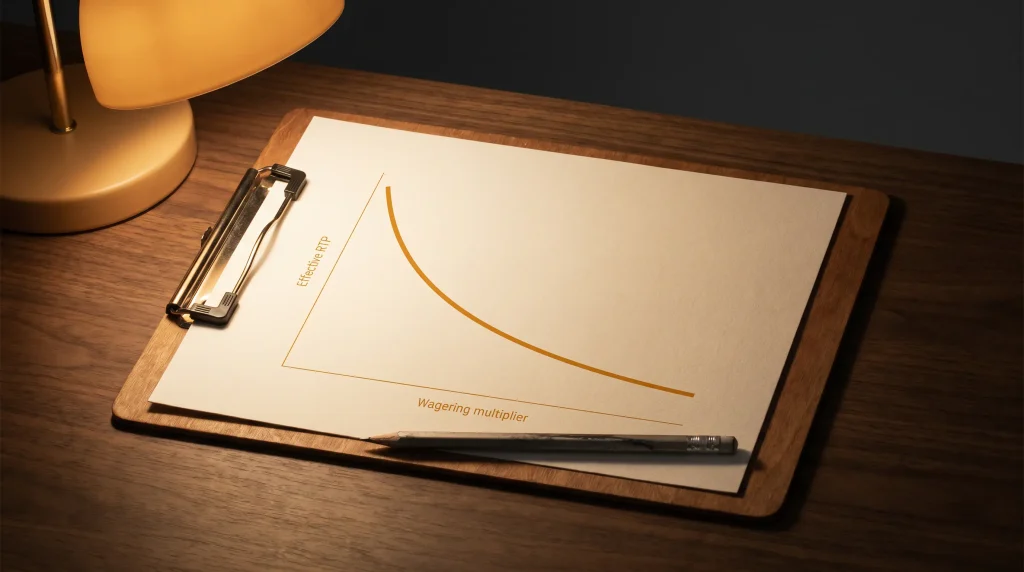 Descending line graph on a clipboard showing effective RTP eroding as wagering multiple grows