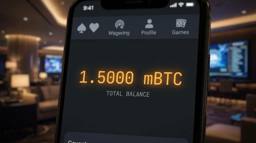 Casino account balance display showing wagering values expressed in Bitcoin units with mBTC precision