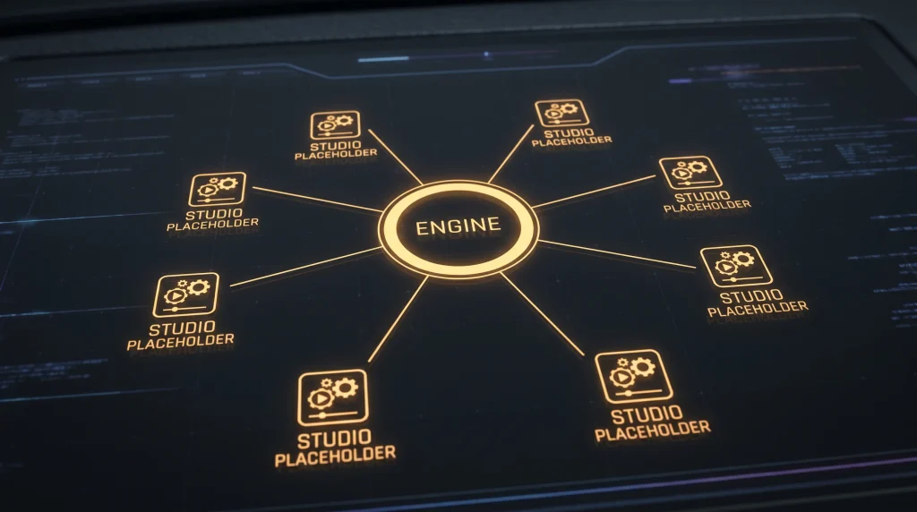 Editorial diagram showing the Megaways engine as a hub with multiple studio licensee branches radiating outward