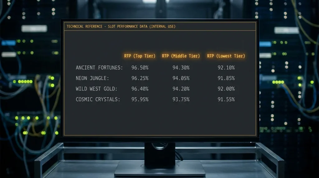 Catalogue style information panel showing several BTG slot titles each with their RTP tier breakdowns