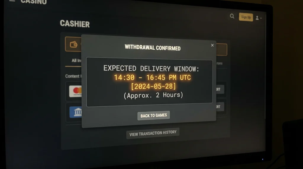 Casino cashier withdrawal confirmation screen showing expected timing to UK card