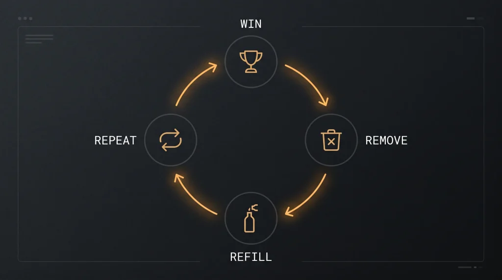 Editorial circular diagram showing the four phases of the cascade cycle win remove refill repeat