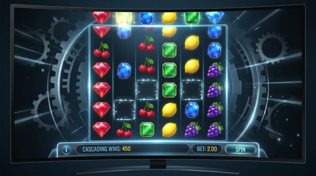 Slot game grid mid cascade animation with several symbols falling and being replaced by new ones