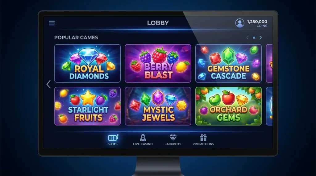 Casino lobby grid displaying popular cascading slot titles with their distinct cluster style cover art