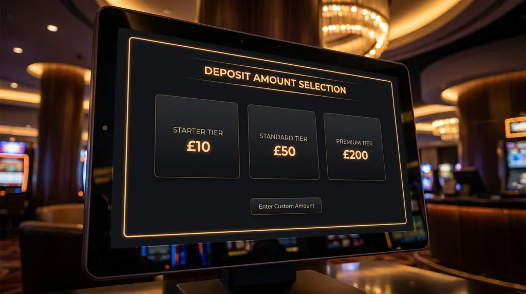 Casino cashier deposit screen showing three minimum deposit tier options arranged as selectable cards