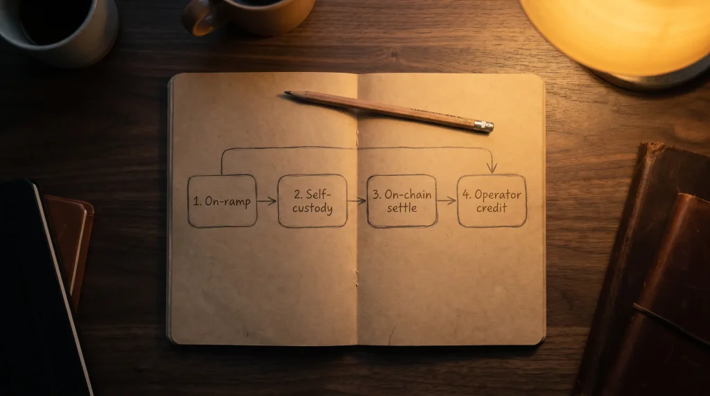 Four-stage crypto deposit flow on a flowchart from on-ramp through self-custody to operator credit