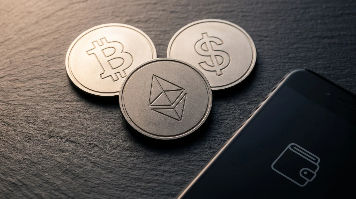 Symbolic crypto and digital wallet icons on a dark surface representing payment rails