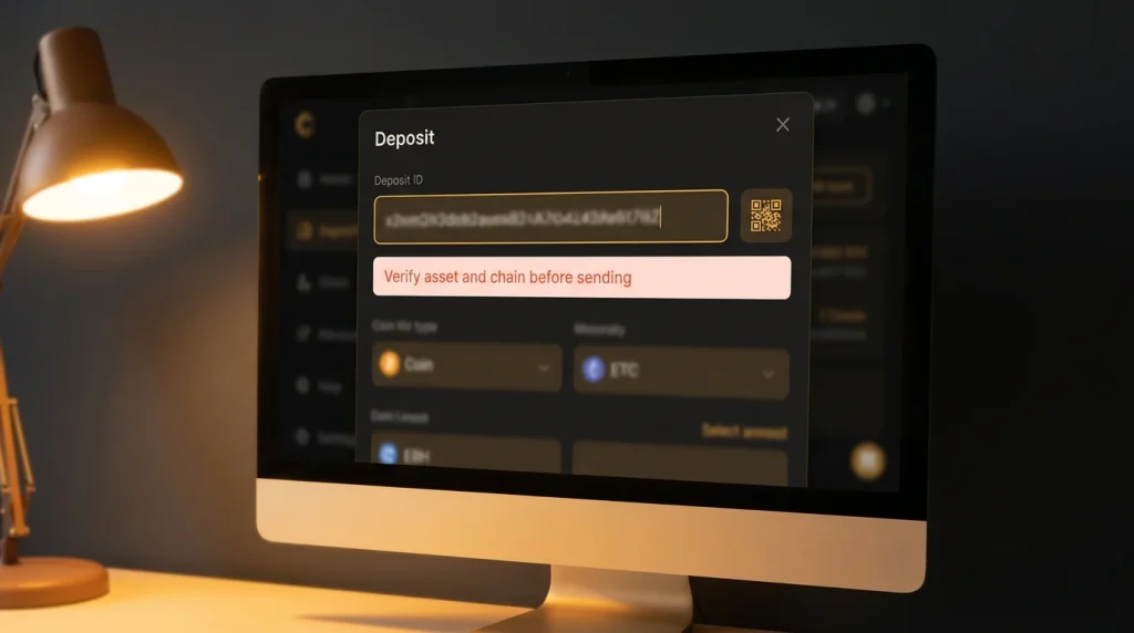 Crypto deposit address shown on a wallet screen with a clear warning to verify asset and chain before sending