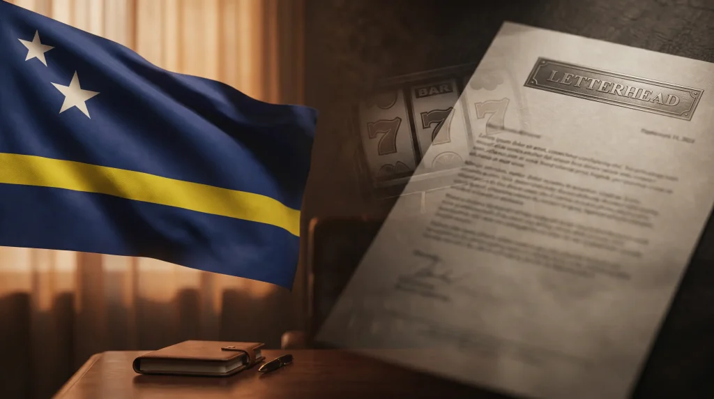 Curaçao national flag next to a stylised LOK regulation document on a dark editorial background with slot reel motif