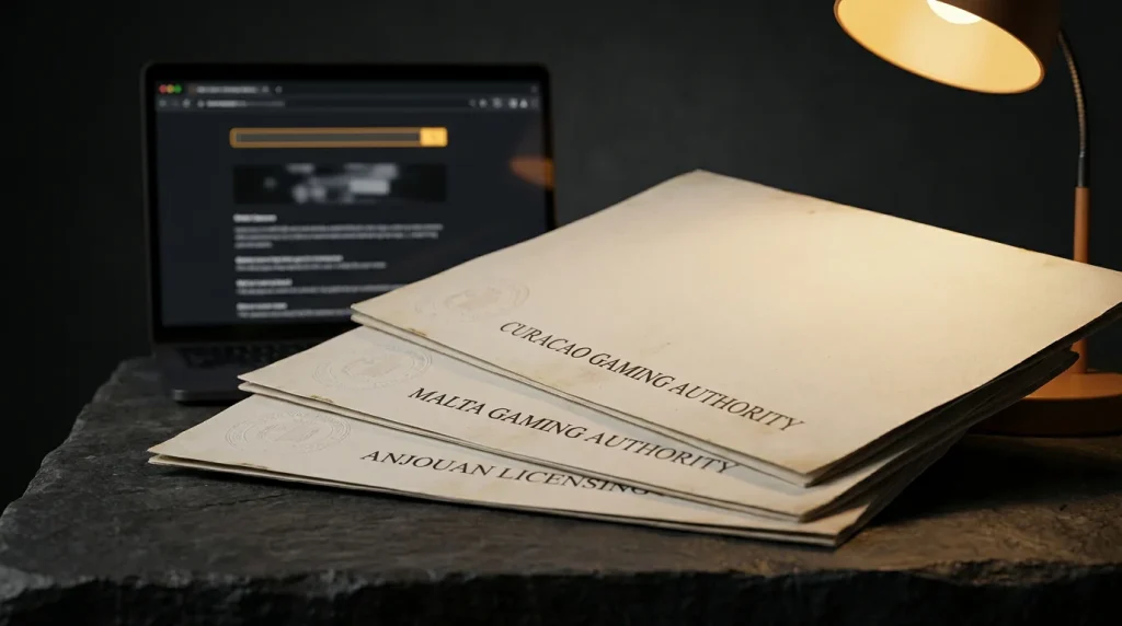 Stack of offshore gaming licence printouts with public register check-up open on a laptop screen