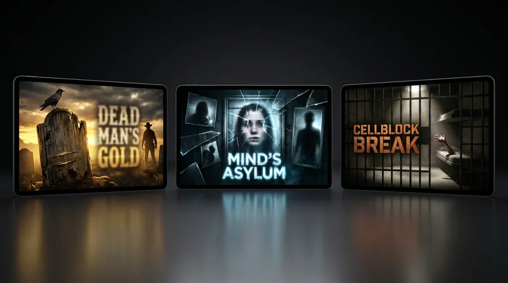 Three dark themed No Limit City style slot title cover cards arranged in a dramatic editorial layout