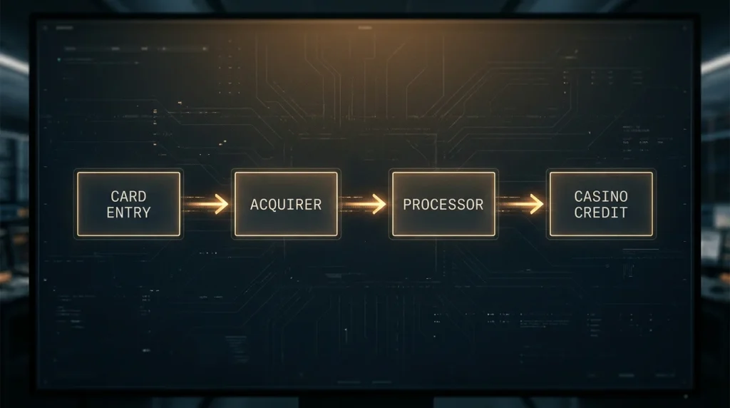 Editorial flow diagram showing the steps of a debit card deposit reaching an offshore casino cashier