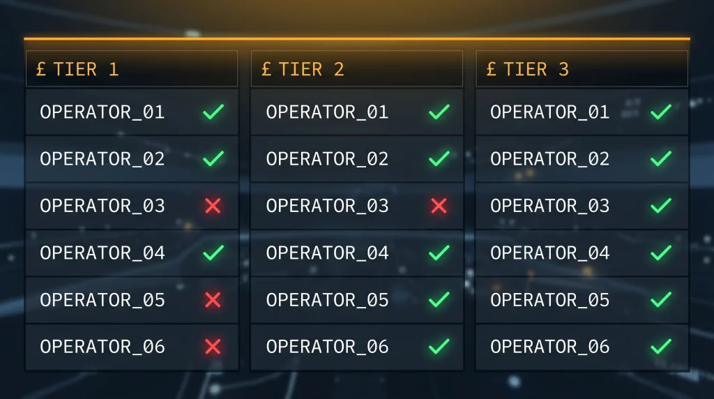 Editorial comparison table showing which casino operator tiers accept which minimum deposit amounts