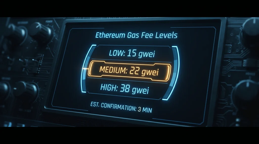 Stylised Ethereum gas fee tracker dashboard panel showing fluctuating fee levels