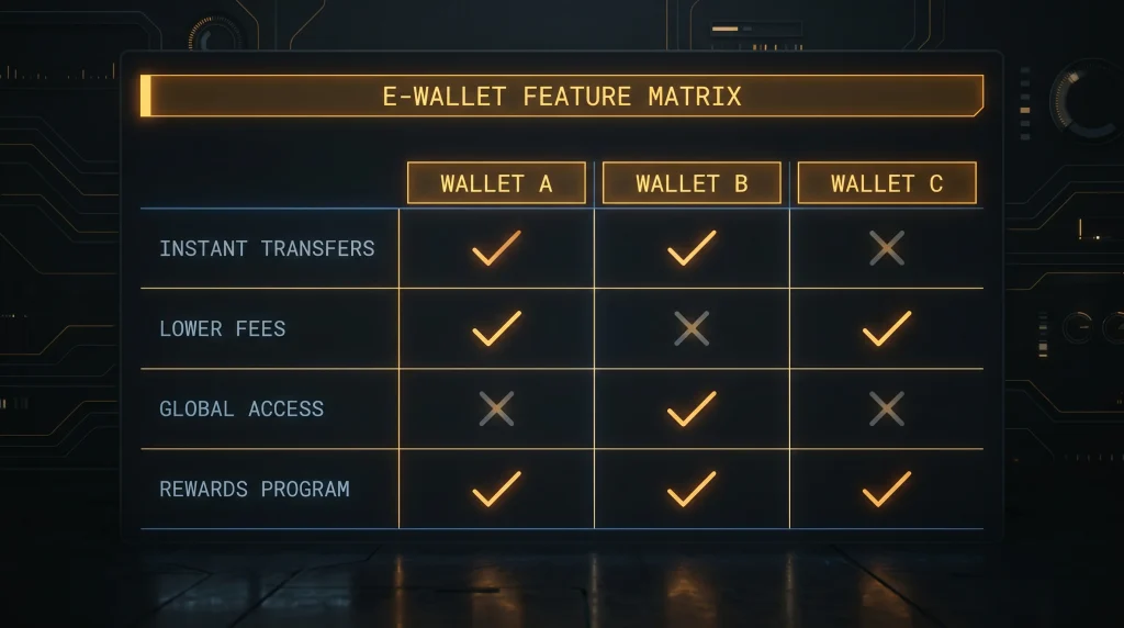 Editorial comparison panel of three e-wallet alternatives shown side by side with feature checklists