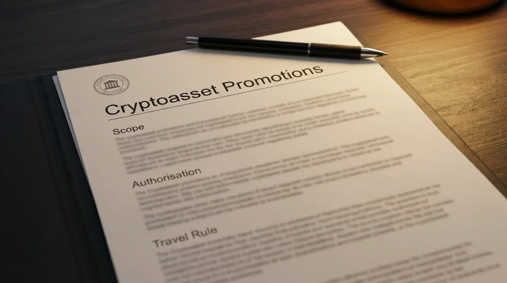 FCA cryptoasset regulation document open on a desk with relevant promotion-rule clauses annotated