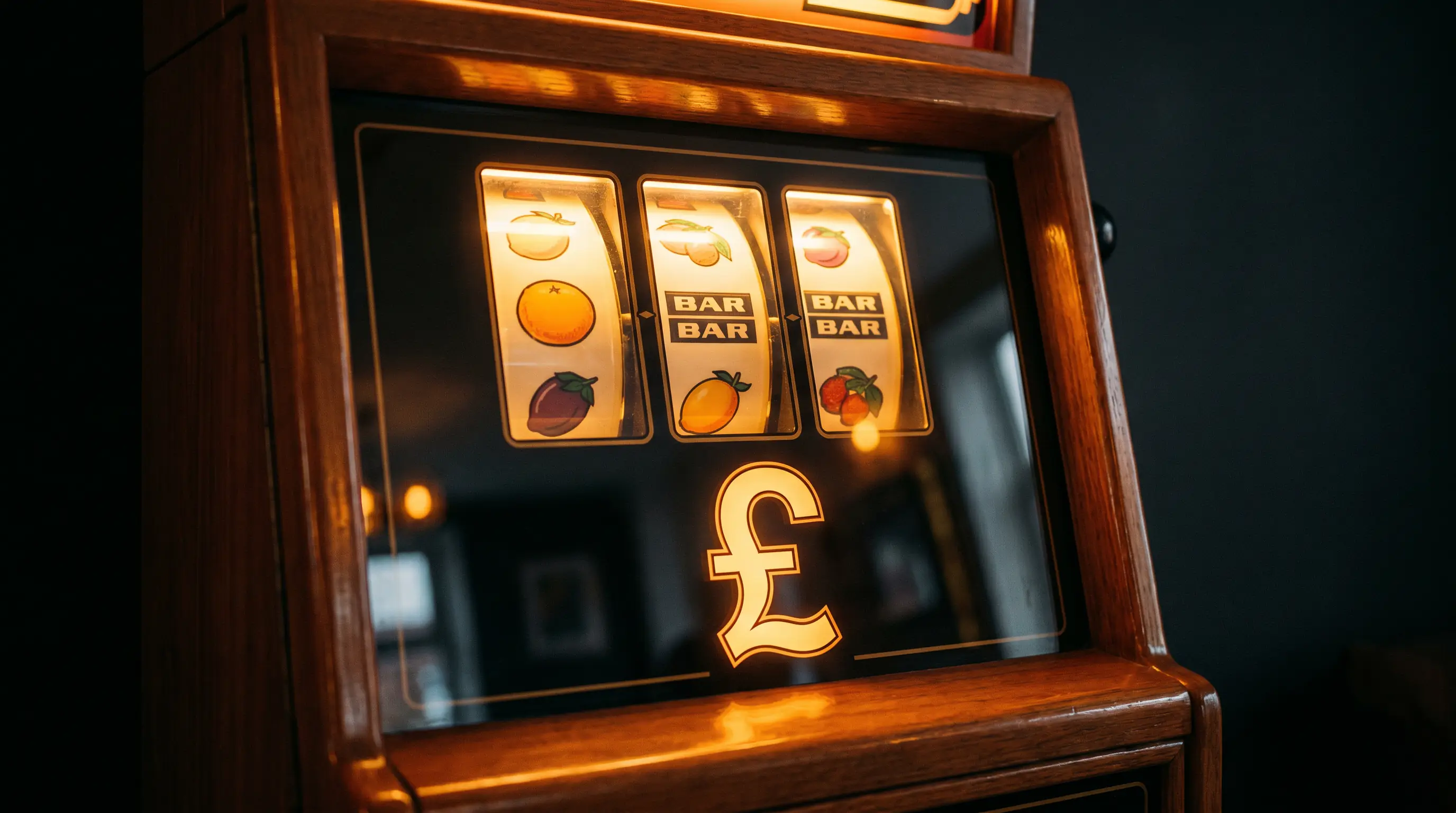 Slot machine screen with a five-pound symbol overlay representing the UK spin cap