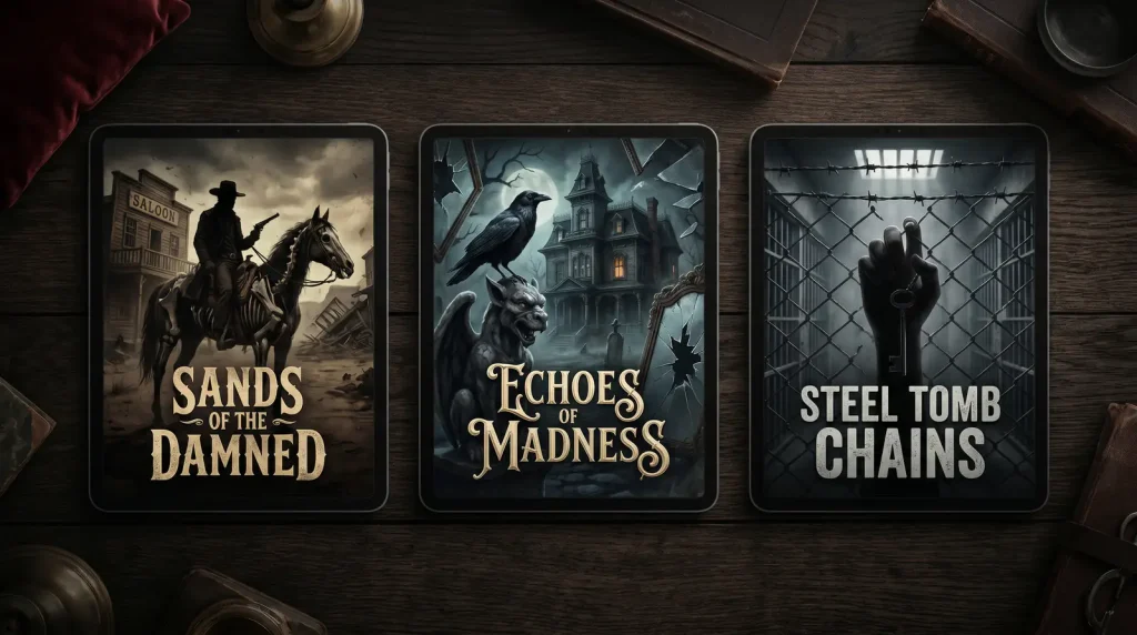 Three flagship slot title cover thumbnails laid out in a clean editorial grid with their distinct visual themes