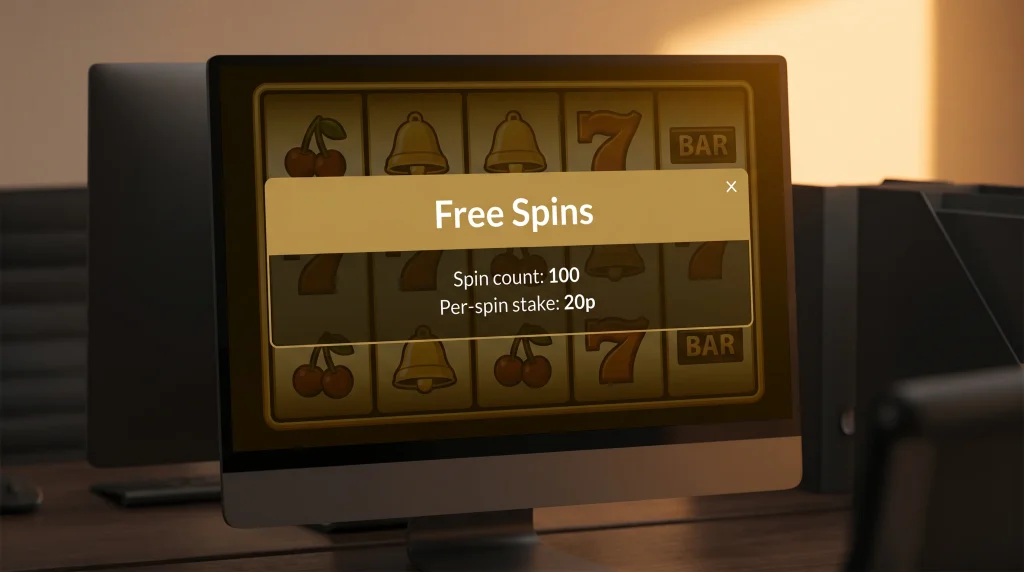 Slot screen showing a free spins offer modal with spin count and per-spin stake disclosure