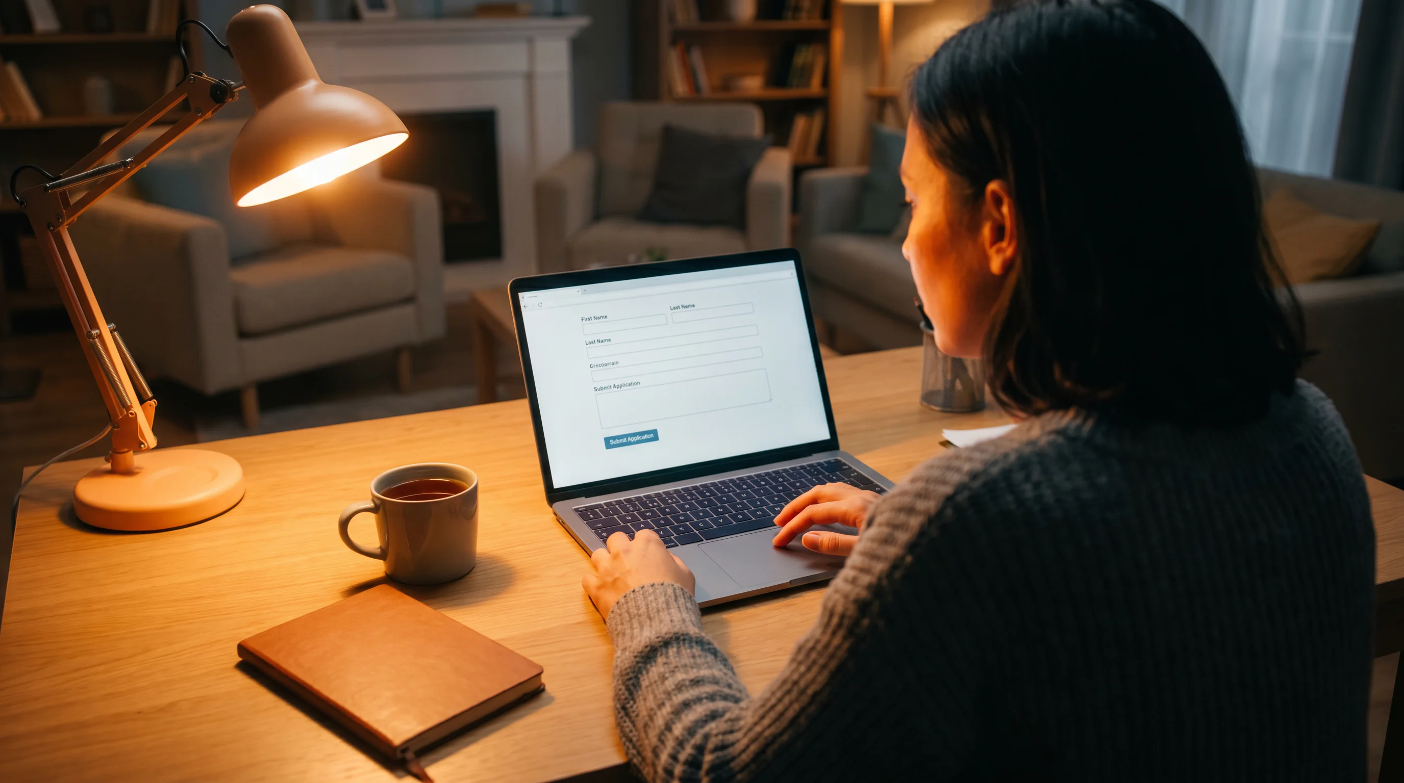 Person registering on a self-exclusion scheme on a laptop in a quiet home setting