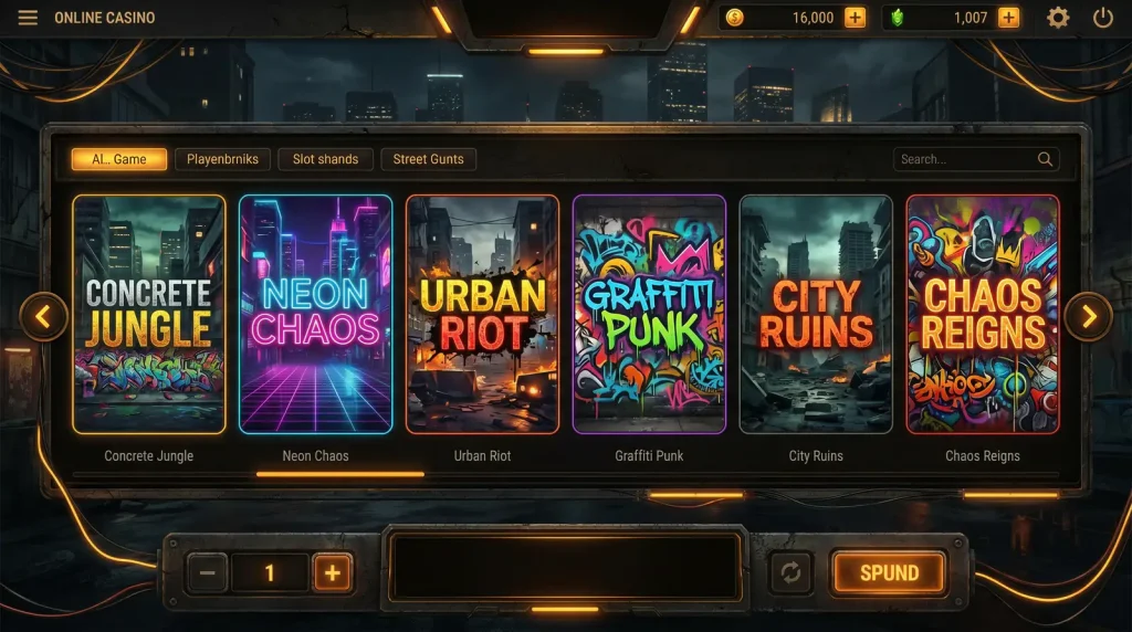 Casino lobby featured row showing Hacksaw style slot title thumbnails with bold neon cover art