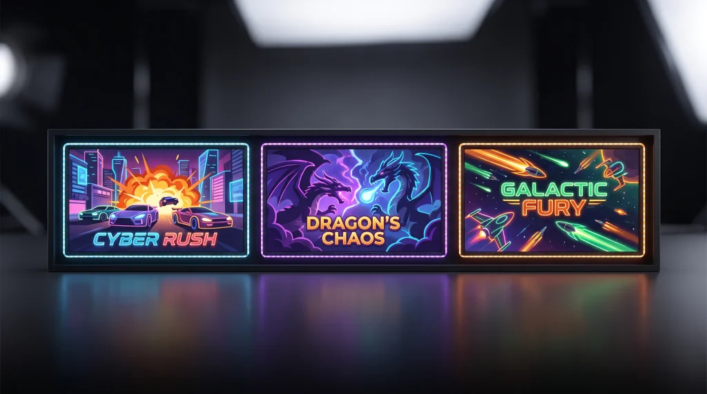Three Hacksaw style slot covers laid out together showcasing the studio bold flat illustration aesthetic