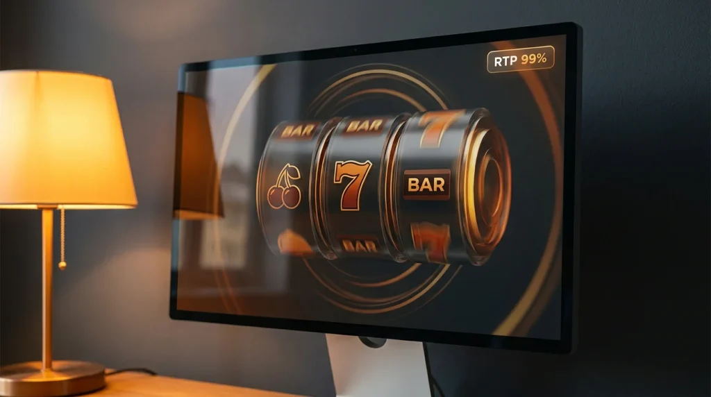 Classic five-reel slot spinning under a soft gold-amber glow with a high-RTP indicator visible