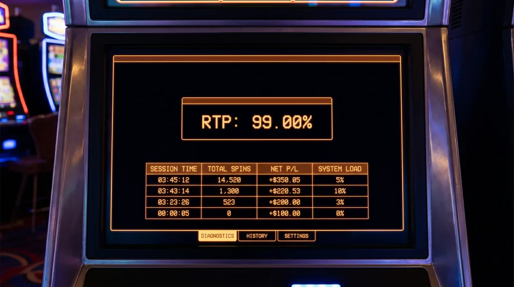 In-game information panel showing a slot title with a 99 percent RTP value highlighted prominently