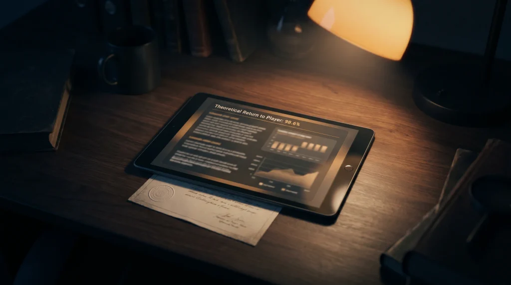 Slot game info panel showing high RTP configuration value next to studio certification document