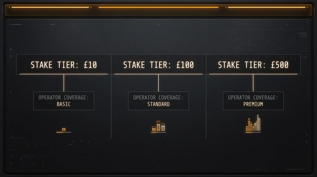 Editorial comparison panel showing three high stake tiers and the typical operator coverage of each