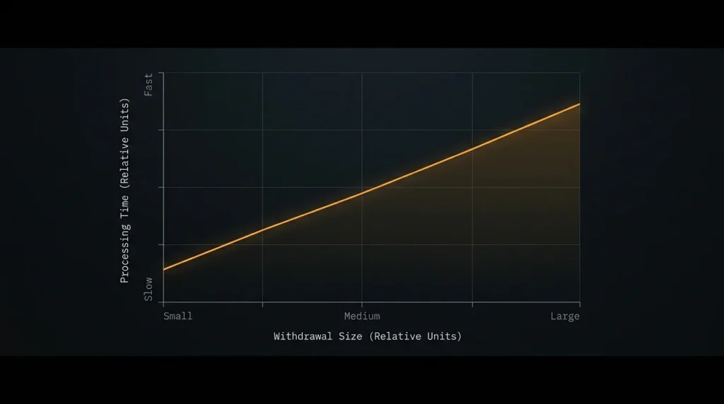 Editorial line graph showing the typical extended processing window for high value withdrawals at offshore sites