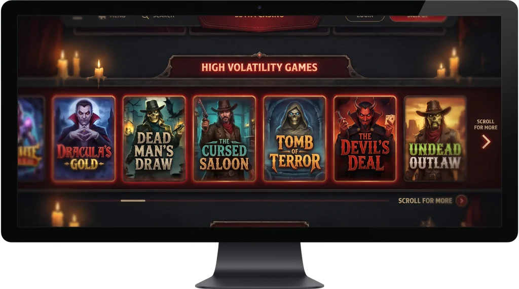 Casino lobby section curating high volatility slot titles with intense gothic and horror art styles