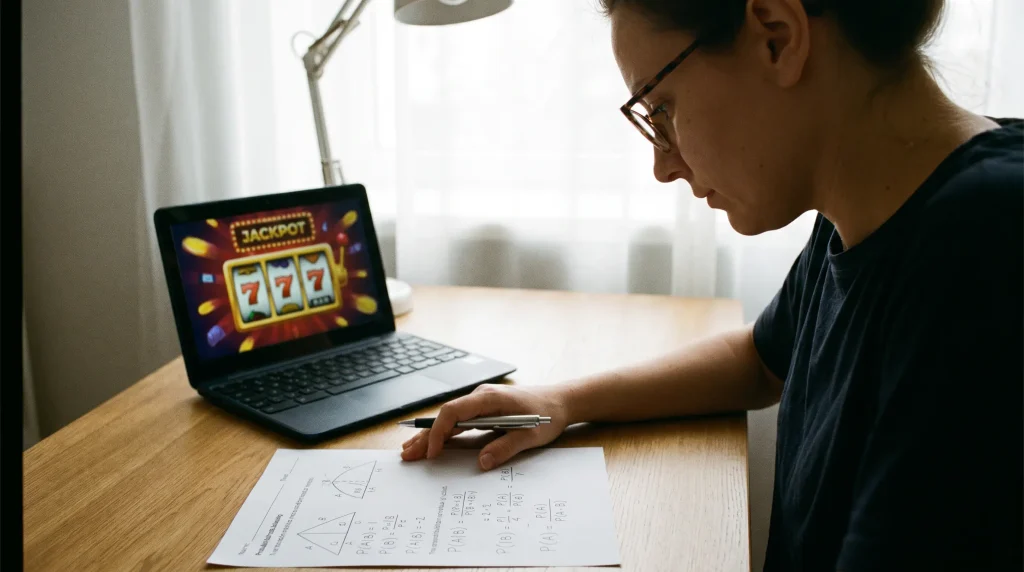 Person reviewing a printed probability worksheet next to a small laptop displaying a jackpot slot screen