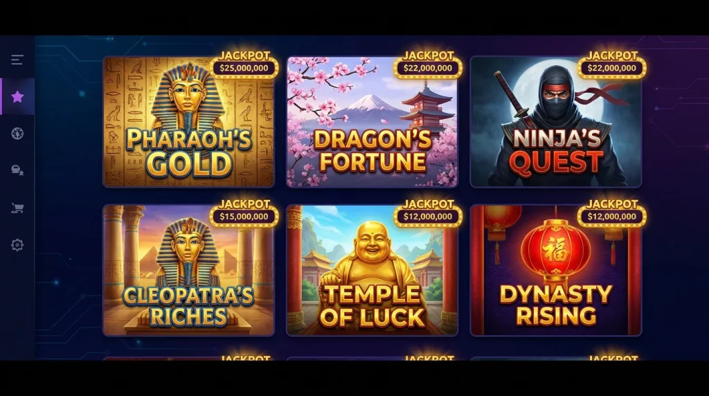 Casino lobby grid displaying popular jackpot slot titles with their tier badges