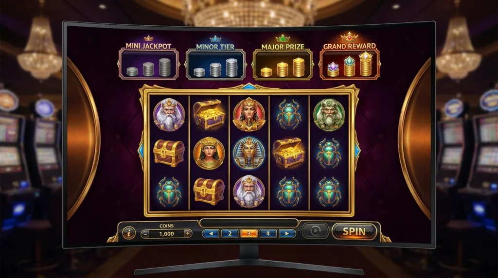 Slot game interface with a prominent four-tier jackpot ticker mounted above the main reel grid