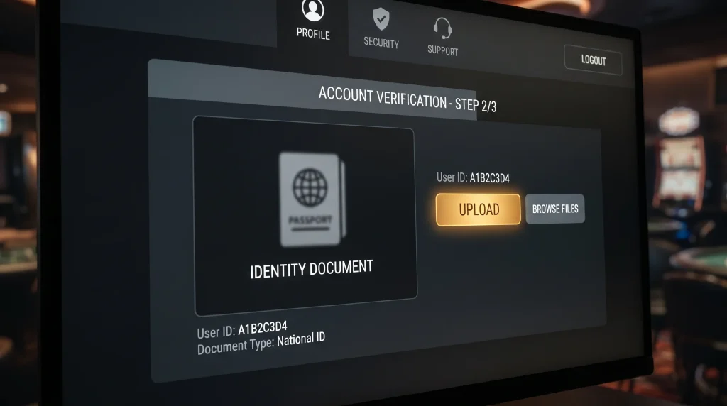 Casino account verification upload page showing a clean document upload interface
